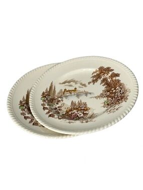 VINTAGE Castle On The Lake Johnson Bros England 2 Dinner Plates Ironstone Brown